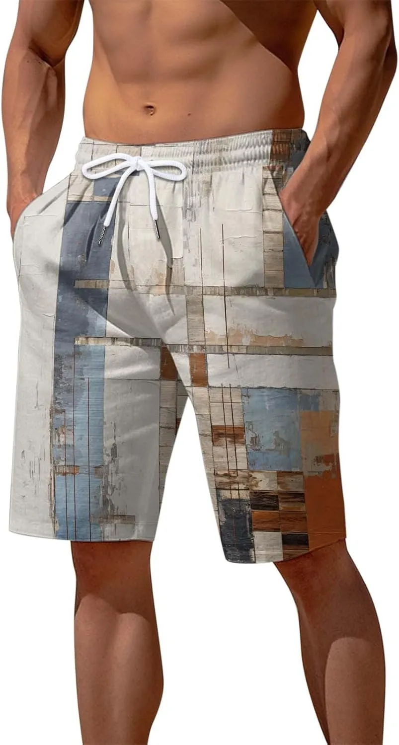 Men's Linen Cotton Shorts Drawstring Waist Plaid Gingham Bermuda Shorts Casual Boho Summer Beach Trunks Relaxed Fit