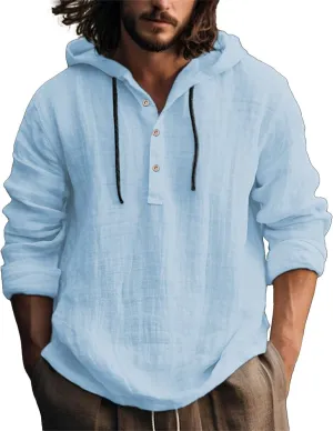 Mens Linen Hippie Guayabera Shirts with Hood Long Sleeve Beach Button Up Hooded Sweatshirts V Neck Casual Yoga Shirts