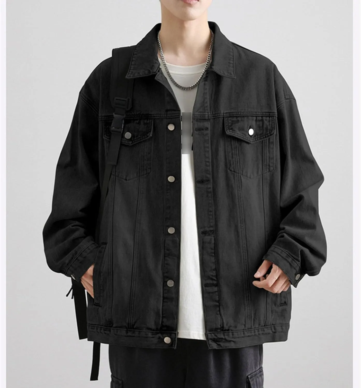 Men's Loose Denim Jacket Washed Distressed Denim Coat Casual Lapel Washed Button Down Trucker Jacket