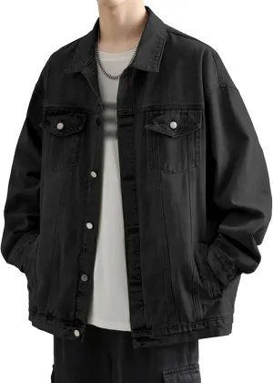 Men's Loose Denim Jacket Washed Distressed Denim Coat Casual Lapel Washed Button Down Trucker Jacket
