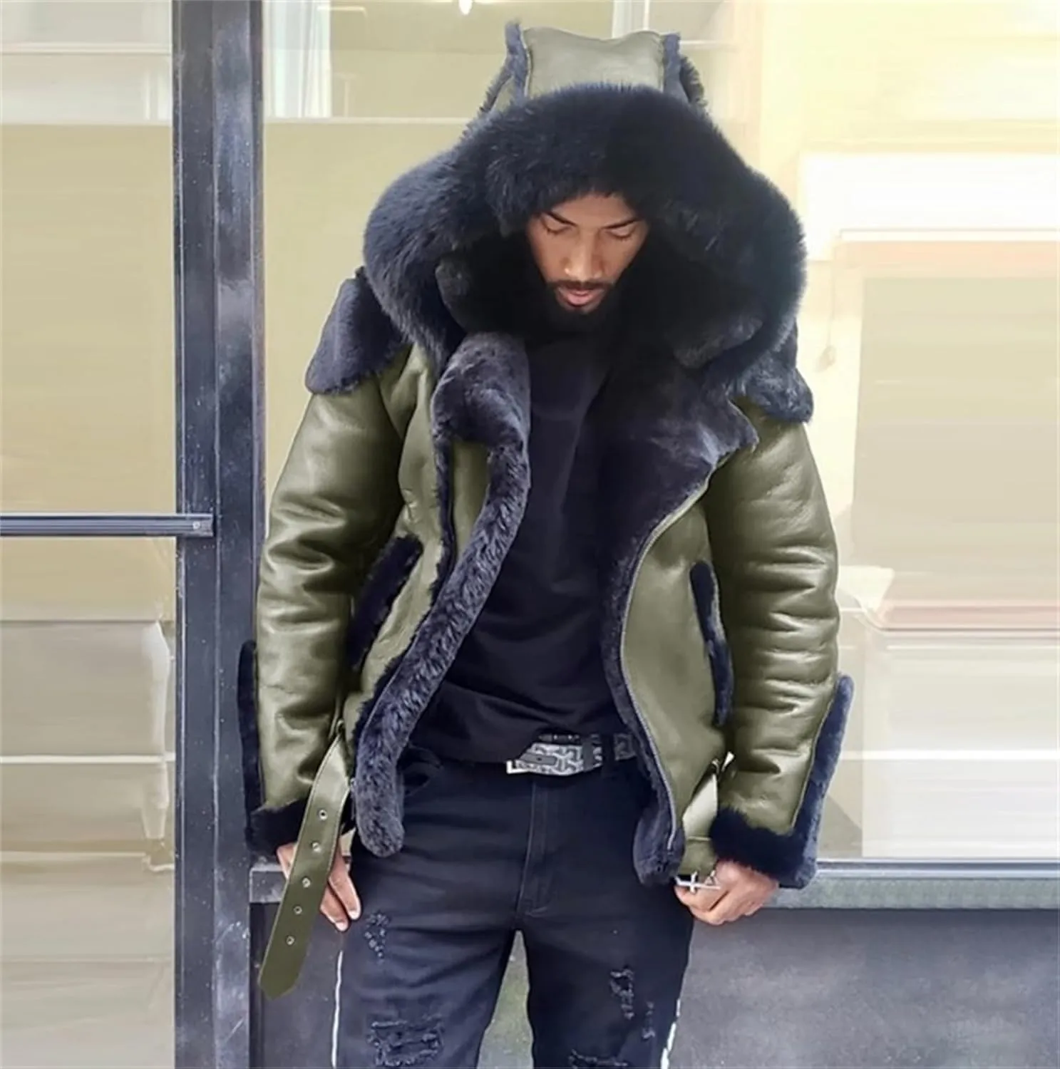 Men's Motorcycle Leather Jacket Sherpa Fleece Lined Bomber Jackets Zipper Padded Warm Fall Winter Coat