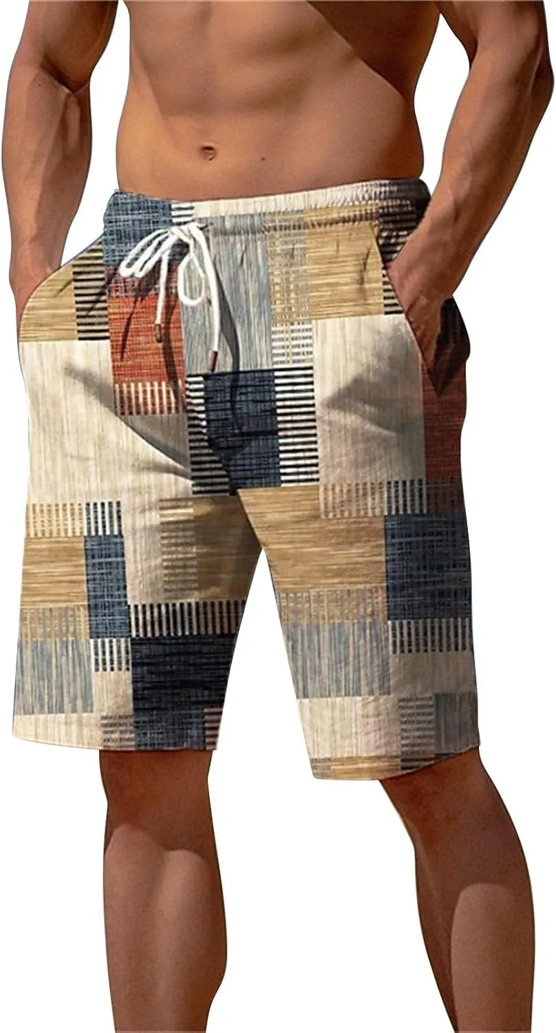Men's Plaid Linen Shorts Big and Tall Beach Summer Bermuda Shorts Elastic Waist Drawstring Casual Relaxed Fit Shorts