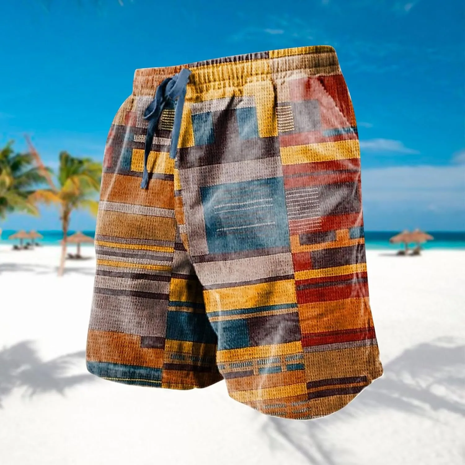 Men's Plaid Linen Shorts Big and Tall Beach Summer Bermuda Shorts Elastic Waist Drawstring Casual Relaxed Fit Shorts