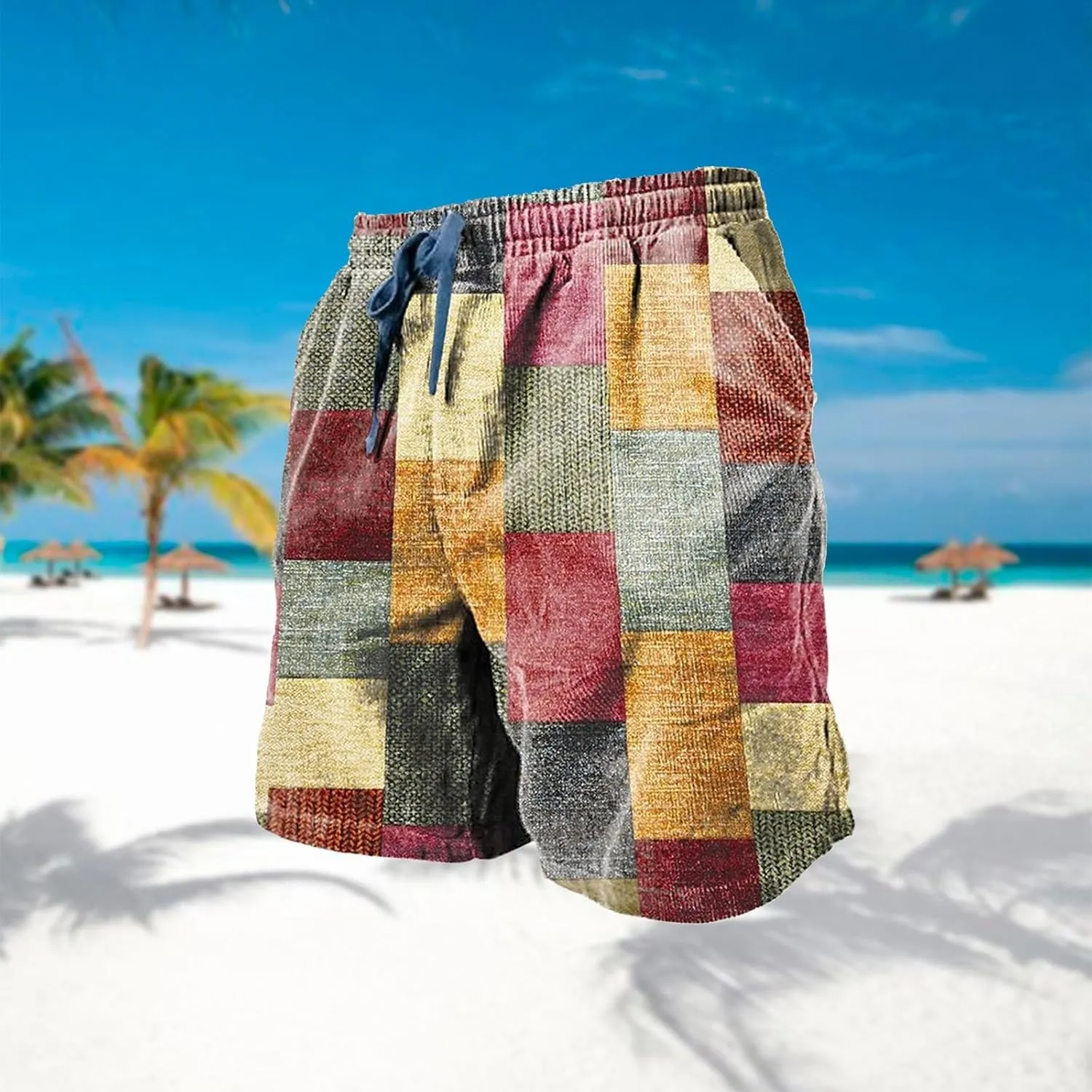 Men's Plaid Linen Shorts Big and Tall Beach Summer Bermuda Shorts Elastic Waist Drawstring Casual Relaxed Fit Shorts