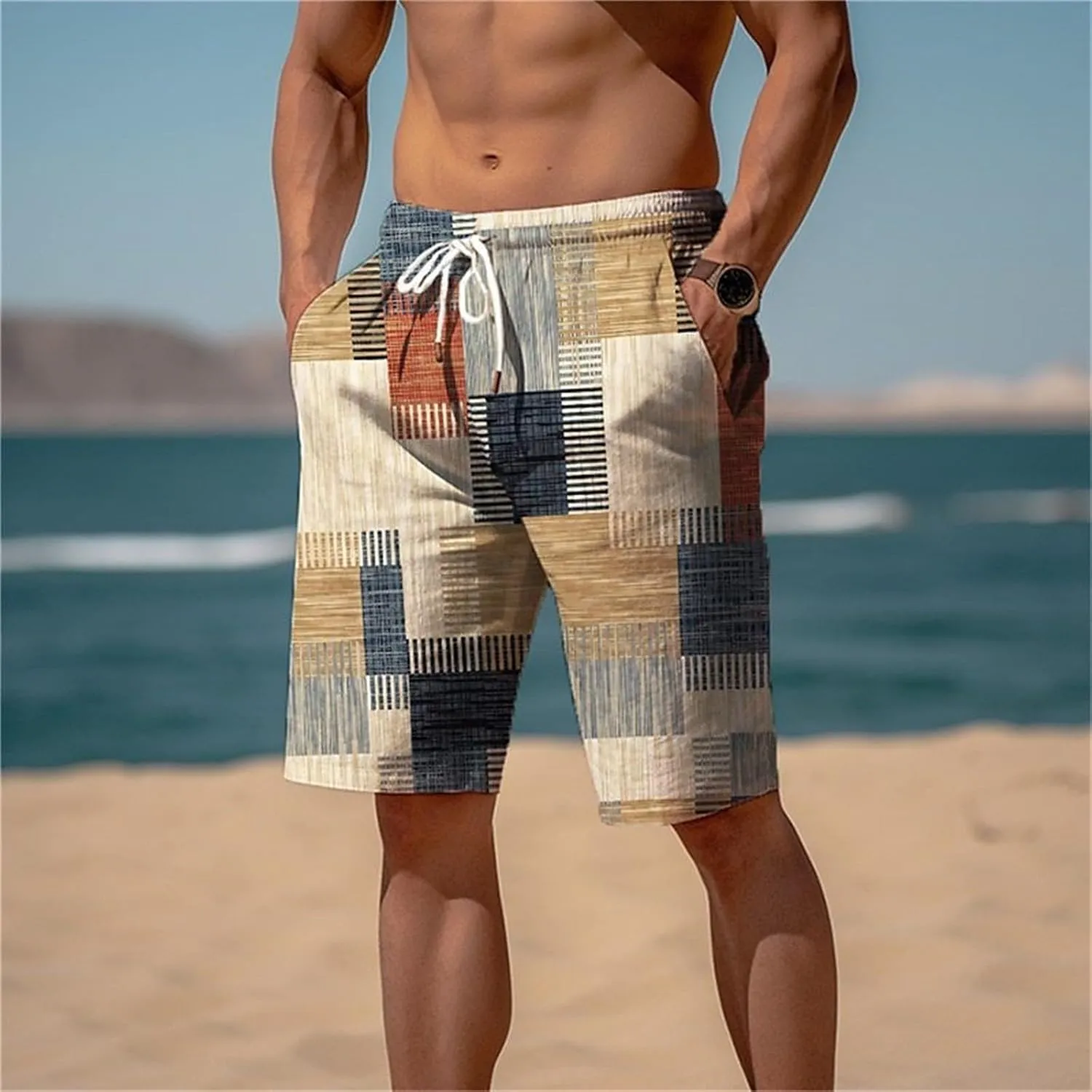 Men's Plaid Linen Shorts Big and Tall Beach Summer Bermuda Shorts Elastic Waist Drawstring Casual Relaxed Fit Shorts