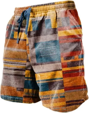 Men's Plaid Linen Shorts Big and Tall Beach Summer Bermuda Shorts Elastic Waist Drawstring Casual Relaxed Fit Shorts