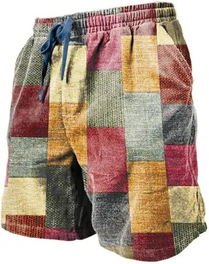 Men's Plaid Linen Shorts Big and Tall Beach Summer Bermuda Shorts Elastic Waist Drawstring Casual Relaxed Fit Shorts