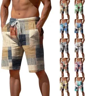 Men's Plaid Linen Shorts Big and Tall Beach Summer Bermuda Shorts Elastic Waist Drawstring Casual Relaxed Fit Shorts