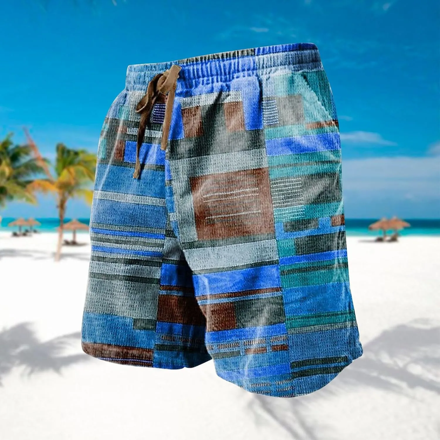 Men's Plaid Linen Shorts Big and Tall Beach Summer Bermuda Shorts Elastic Waist Drawstring Casual Relaxed Fit Shorts