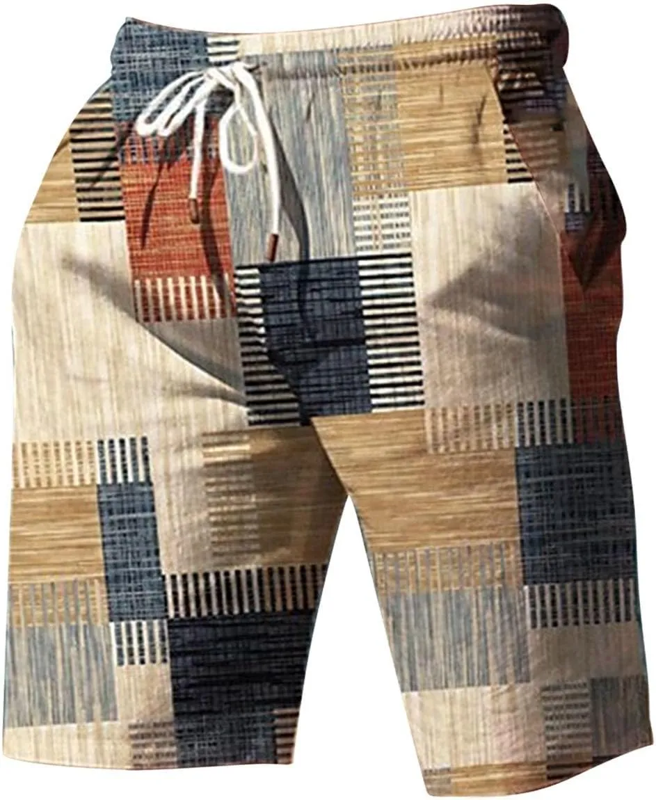 Men's Plaid Linen Shorts Big and Tall Beach Summer Bermuda Shorts Elastic Waist Drawstring Casual Relaxed Fit Shorts