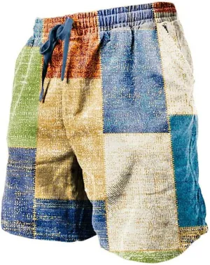 Men's Plaid Linen Shorts Big and Tall Beach Summer Bermuda Shorts Elastic Waist Drawstring Casual Relaxed Fit Shorts