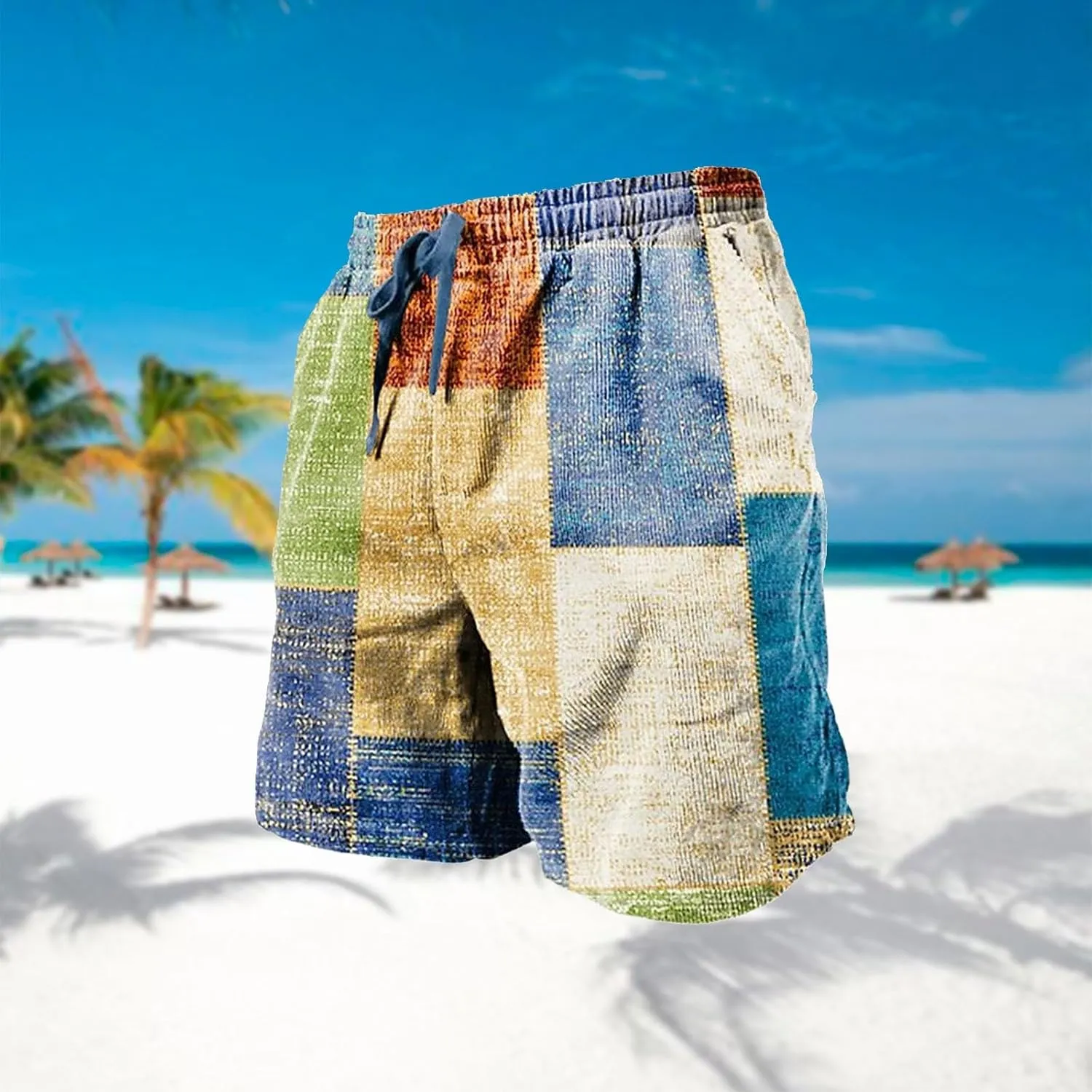 Men's Plaid Linen Shorts Big and Tall Beach Summer Bermuda Shorts Elastic Waist Drawstring Casual Relaxed Fit Shorts