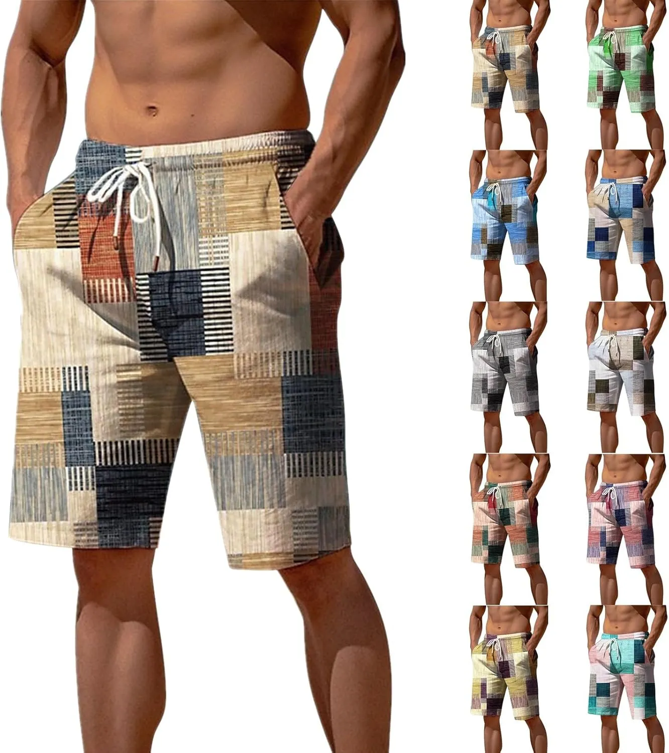 Men's Plaid Linen Shorts Big and Tall Beach Summer Bermuda Shorts Elastic Waist Drawstring Casual Relaxed Fit Shorts