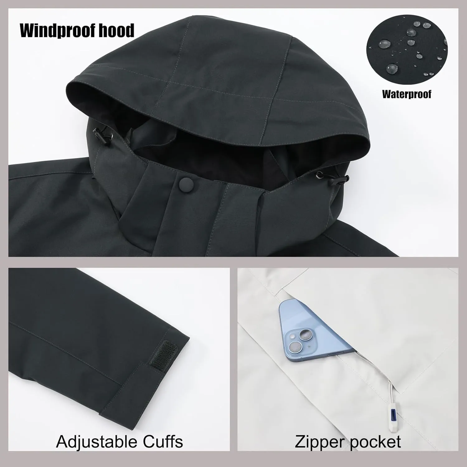 Mens Rain Jacket Waterproof Full Zip Up Hoodies Windbreaker Hiking Outdoor Rain Coat Lightweight Softshell Raincoat