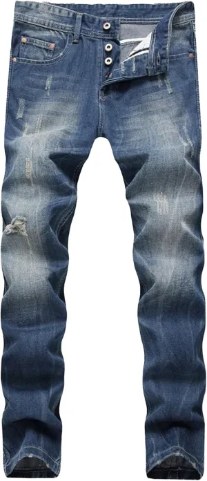 Men's Regular Fit Destroyed Vintage Jeans Casual Vintage Classic Denim Pants Ripped Straight Leg Jeans Trouser