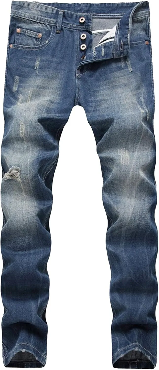 Men's Regular Fit Destroyed Vintage Jeans Casual Vintage Classic Denim Pants Ripped Straight Leg Jeans Trouser
