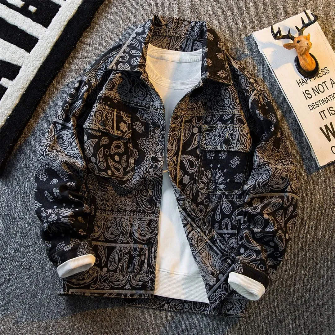 Men's Retro Ethnic Style Denim Loose High Street Workwear Jacket Tops