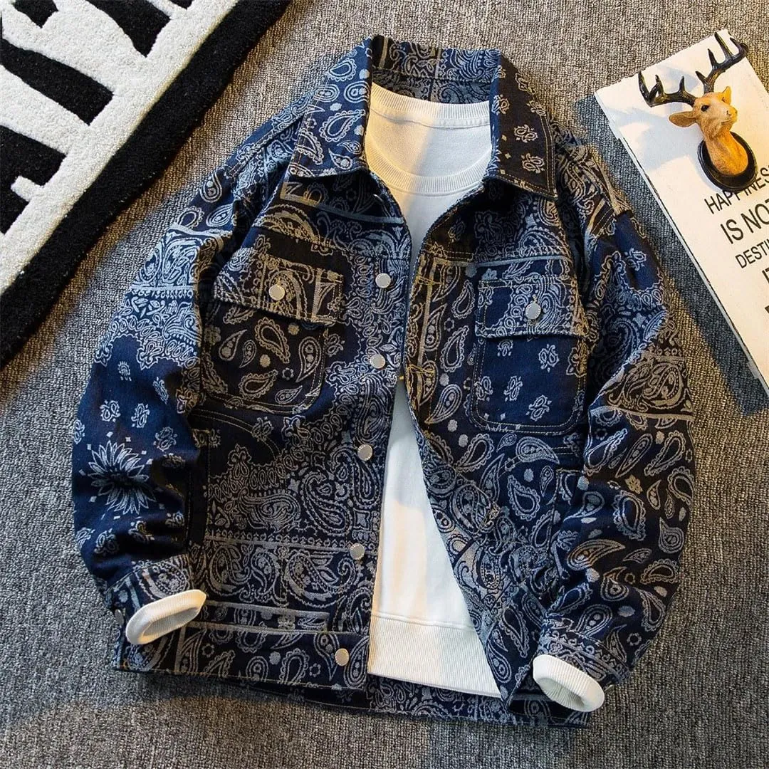 Men's Retro Ethnic Style Denim Loose High Street Workwear Jacket Tops