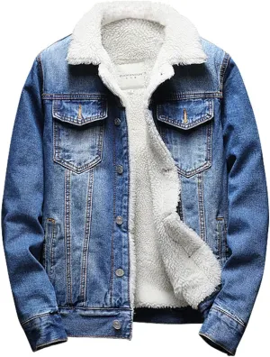 Men's Sherpa Lined Denim Jacket Button Down Classic Trucker Jackets Warm Casual Quilted Jeans Coats Outerwear