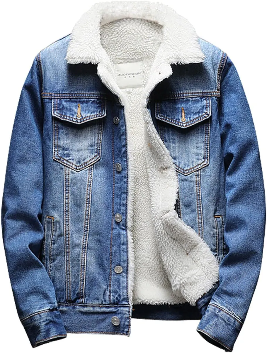 Men's Sherpa Lined Denim Jacket Button Down Classic Trucker Jackets Warm Casual Quilted Jeans Coats Outerwear