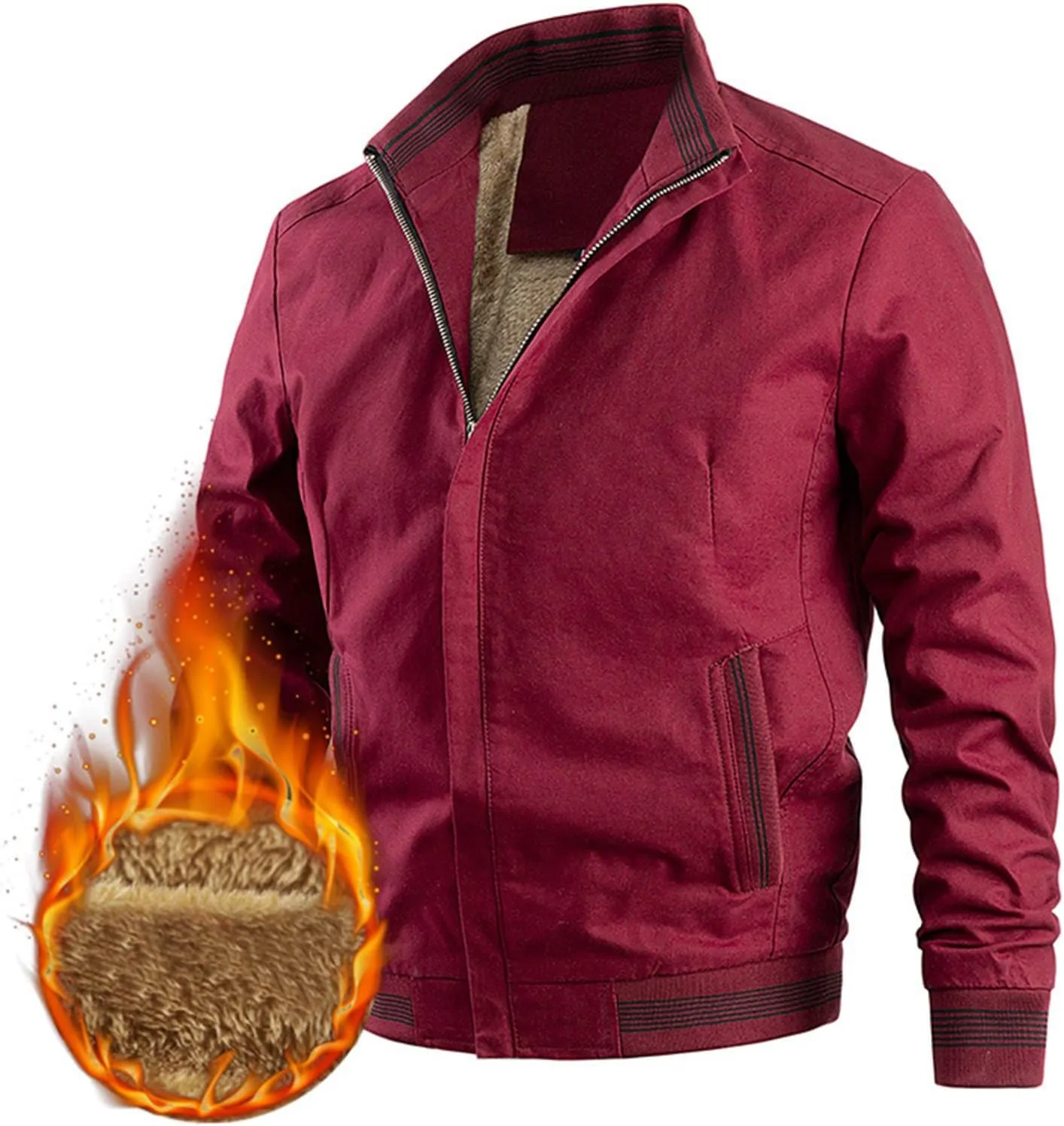 Mens Sherpa Lined Jacket Full-Zip Winter Stand Collar Bomber Jacket Outdoor Recreation Work Cargo Outerwear with Pocket