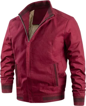 Mens Sherpa Lined Jacket Full-Zip Winter Stand Collar Bomber Jacket Outdoor Recreation Work Cargo Outerwear with Pocket