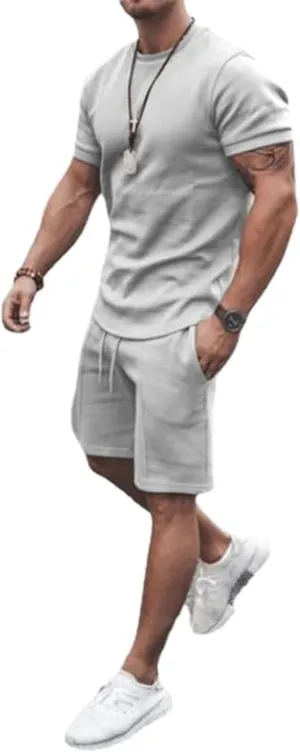 Mens Short Sets 2 Piece Outfits Summer Short Sleeve Shirts and Shorts Gym Workout T Shirt Beach Shorts Tracksuit