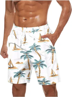 Mens Shorts Casual Cotton Linen Shorts Hawaiian Elastic Waist Short Pants Drawstring Lightweight Short Summer Shorts