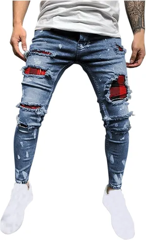 Men's Slim Fit Stretch Jeans Distressed Patchwork Stacked Frayed Straight Leg Skinny Denim Pants Full Length Trousers