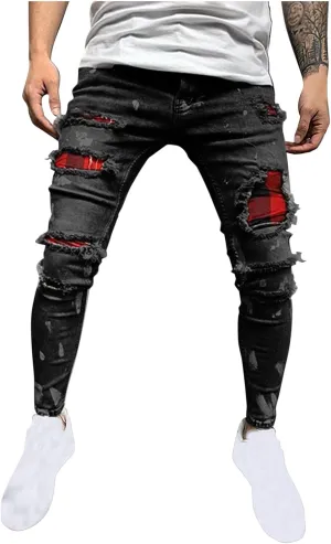 Men's Slim Fit Stretch Jeans Distressed Patchwork Stacked Frayed Straight Leg Skinny Denim Pants Full Length Trousers