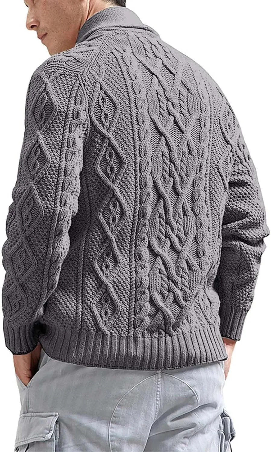 Mens Slimming Twist Knit Cardigan Sweaters Casual Long Sleeve Shawl Collar Button Down Knitted Sweaters with Pockets
