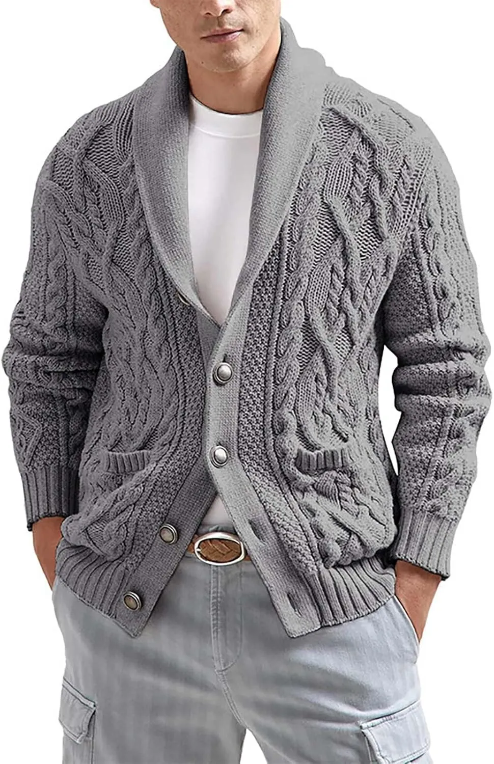 Mens Slimming Twist Knit Cardigan Sweaters Casual Long Sleeve Shawl Collar Button Down Knitted Sweaters with Pockets