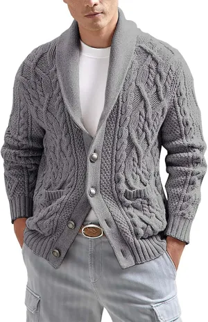 Mens Slimming Twist Knit Cardigan Sweaters Casual Long Sleeve Shawl Collar Button Down Knitted Sweaters with Pockets