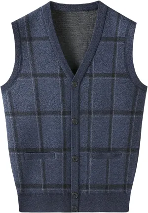 Mens Sweater Vest Plaid V Neck Sleeveless Button Down Winter Cardigan 2024 Trendy Casual Warm Soft Knit Tops
