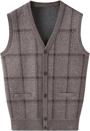 Mens Sweater Vest Plaid V Neck Sleeveless Button Down Winter Cardigan 2024 Trendy Casual Warm Soft Knit Tops