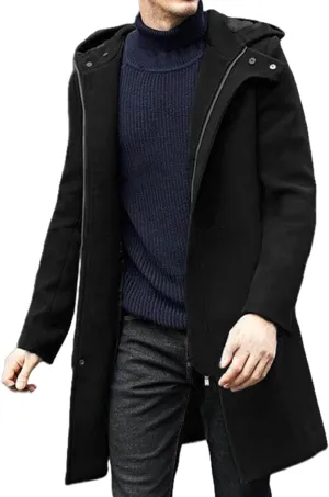 Mens Trench Coat Casual Lapel Collar Business Casual Winter Long Overcoats Fall Winter Pea Coat Zipper Hooded Jacket