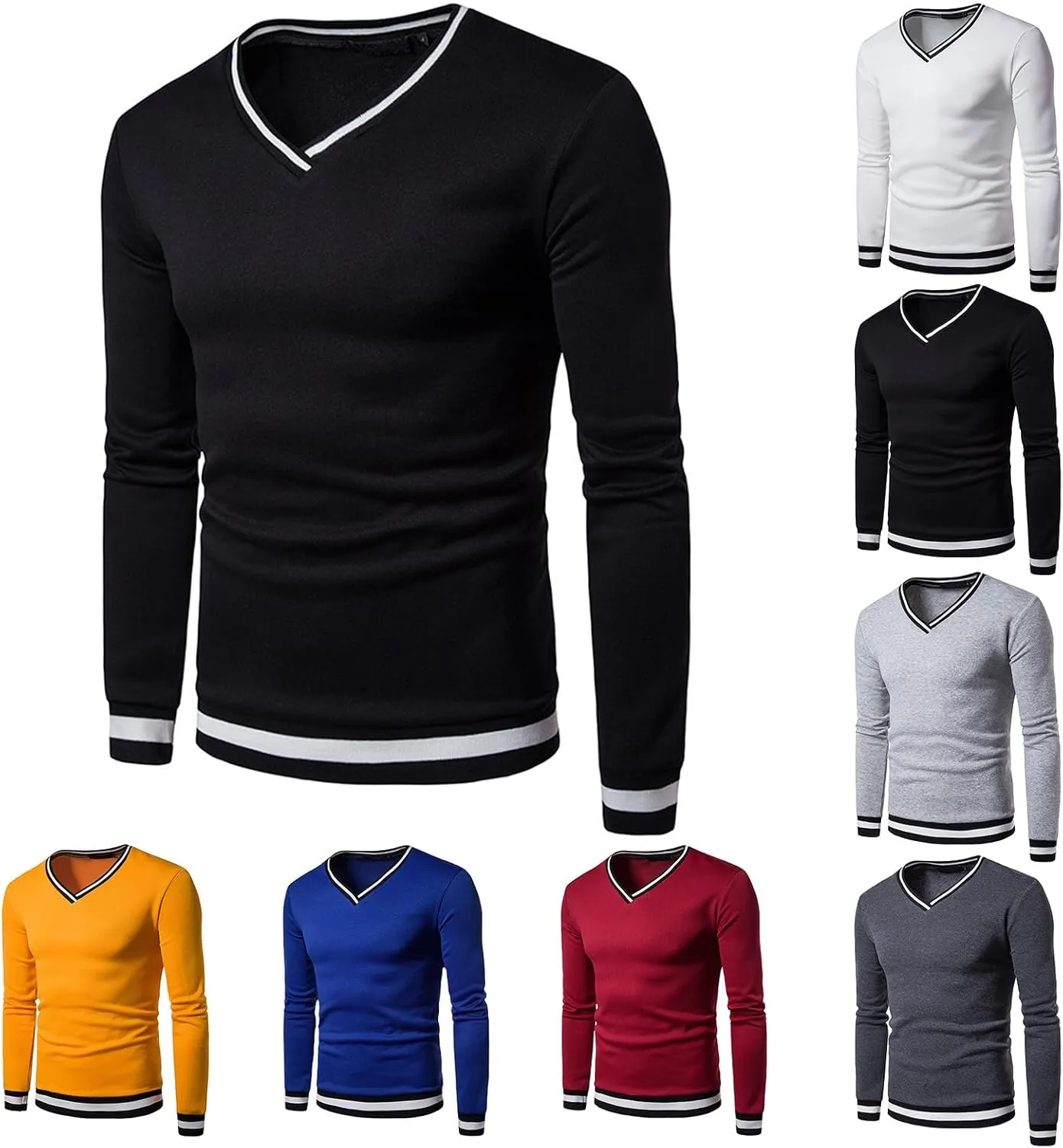 Mens V Neck Sweatshirts Casual Long Sleeve Shirts Athletic Jumper Sweaters Contrast Color Fall Knittede Pullover Top