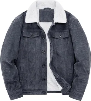 Men's Vintage Fleece Sherpa Lined Corduroy Denim Trucker Jackets Thickened Lapel Button Down Winter Coats with Pockets