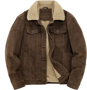 Men's Vintage Fleece Sherpa Lined Corduroy Denim Trucker Jackets Thickened Lapel Button Down Winter Coats with Pockets