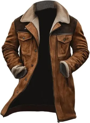 Men's Vintage Sherpa Fleece Lined Jackets Winter Warm Fur Collar Long Trench Coats Distressed Trucker Jacket Trench Coat