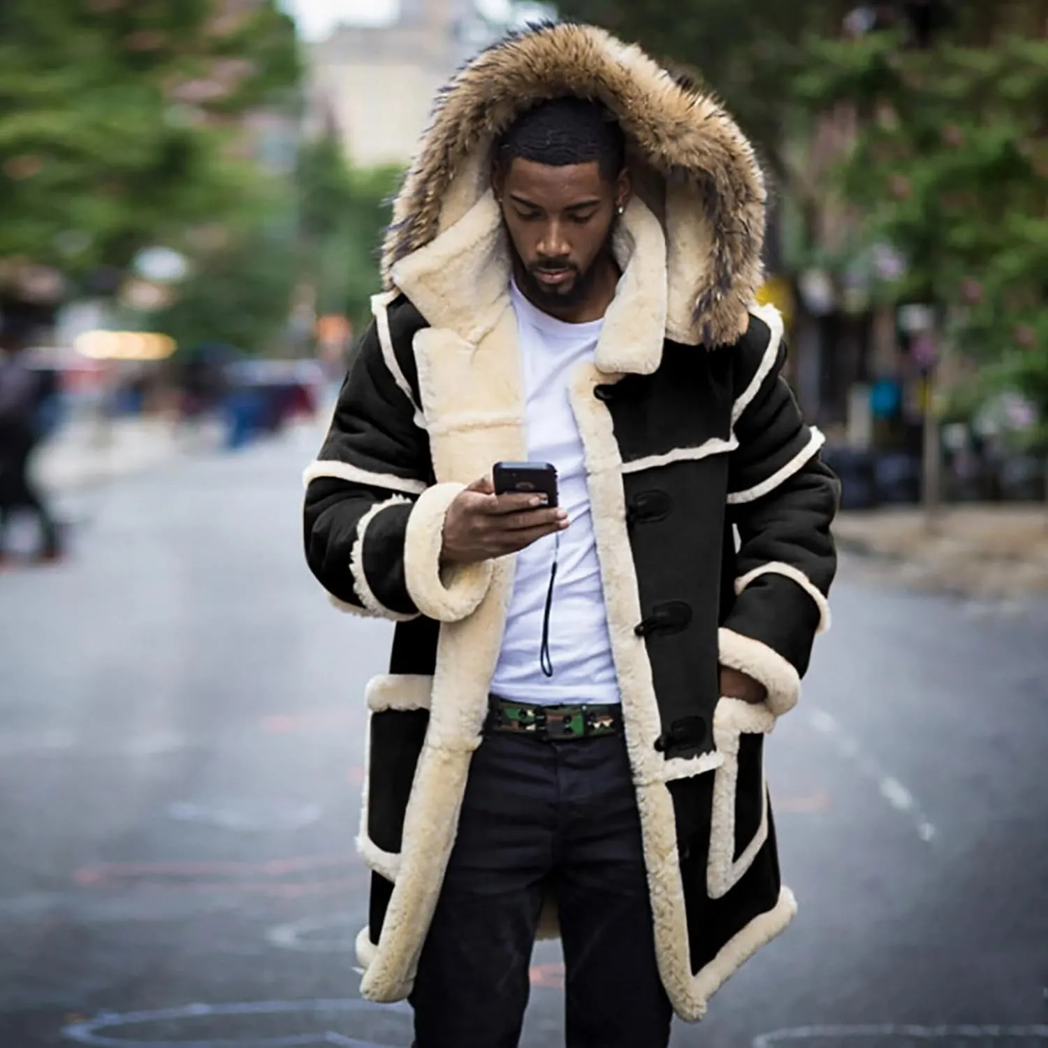 Mens Winter Warm Hodded Coat Oversize Thicken Fleece Lined Long Trench Jacket Plus Size Colorblock Shearling Outwear