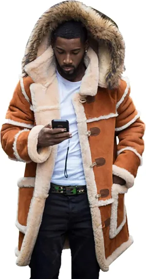 Mens Winter Warm Hodded Coat Oversize Thicken Fleece Lined Long Trench Jacket Plus Size Colorblock Shearling Outwear