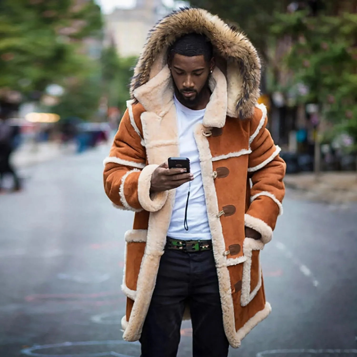Mens Winter Warm Hodded Coat Oversize Thicken Fleece Lined Long Trench Jacket Plus Size Colorblock Shearling Outwear