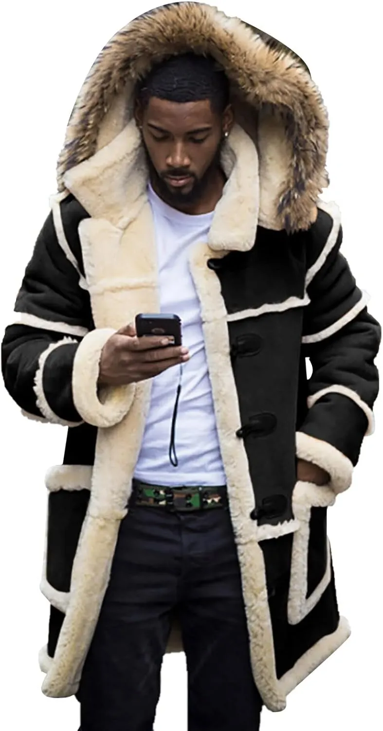 Mens Winter Warm Hodded Coat Oversize Thicken Fleece Lined Long Trench Jacket Plus Size Colorblock Shearling Outwear