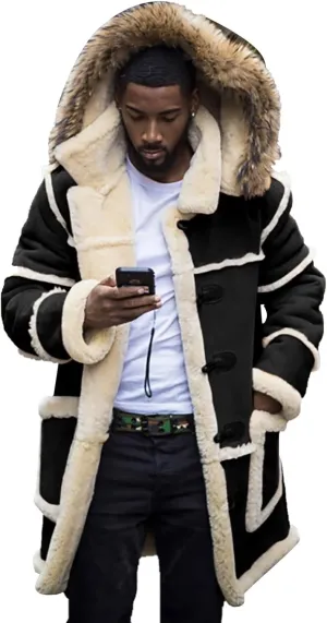 Mens Winter Warm Hodded Coat Oversize Thicken Fleece Lined Long Trench Jacket Plus Size Colorblock Shearling Outwear