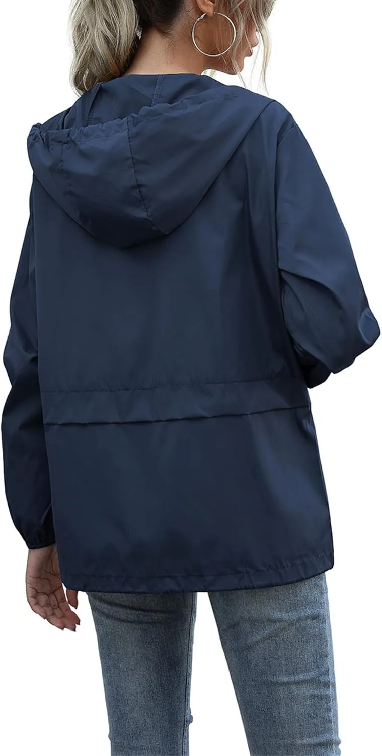 Mmoneyake Women's Raincoats Lightweight Waterproof Windproof Adjustable Windbreaker Hooded Rain Jackets Coats for Hiking