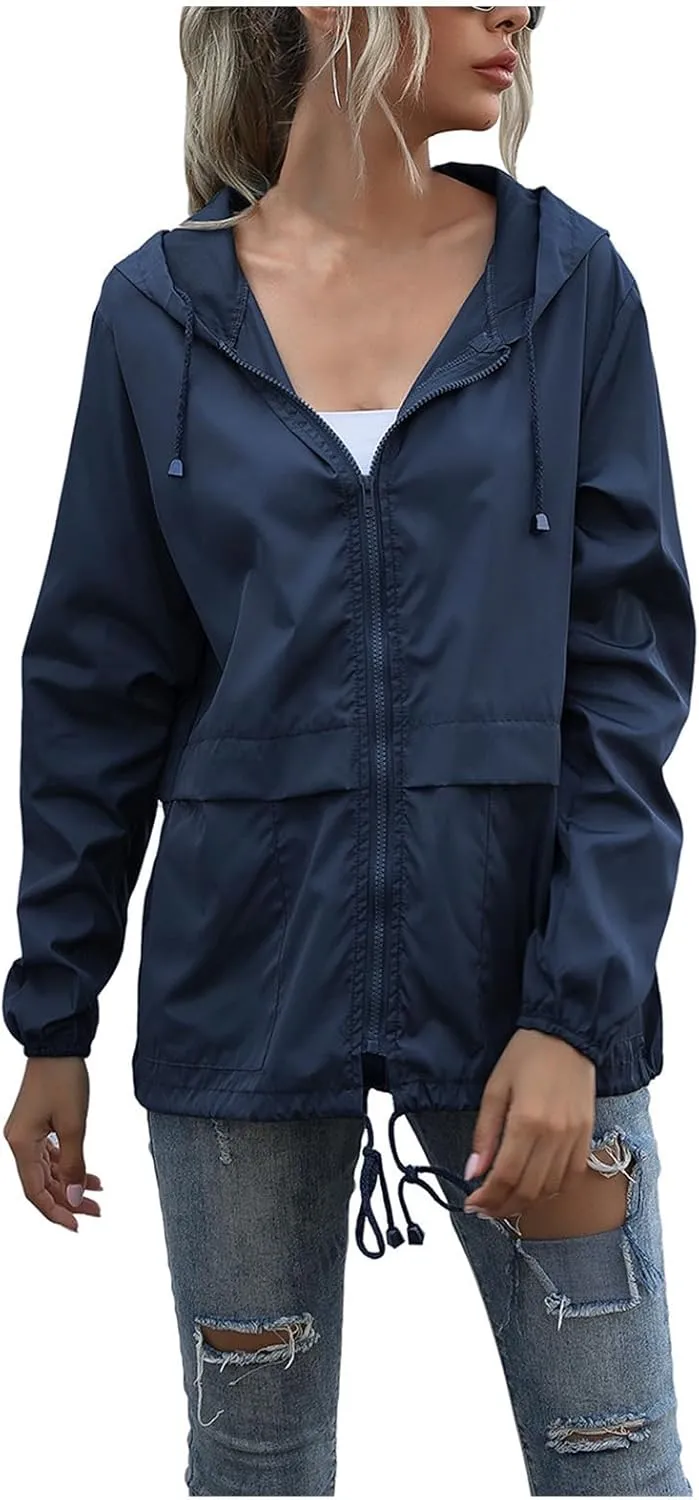Mmoneyake Women's Raincoats Lightweight Waterproof Windproof Adjustable Windbreaker Hooded Rain Jackets Coats for Hiking