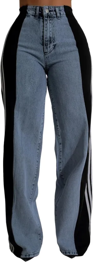 Nihsatin Women's Two Tone Jeans Wide Leg High Waisted Stretchy Buttoned Denim Pants