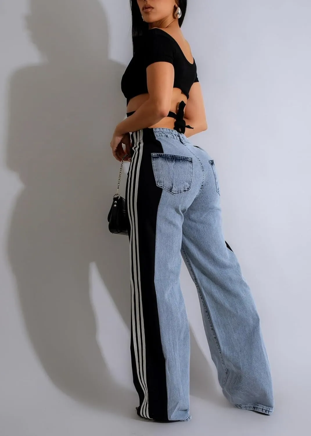 Nihsatin Women's Two Tone Jeans Wide Leg High Waisted Stretchy Buttoned Denim Pants
