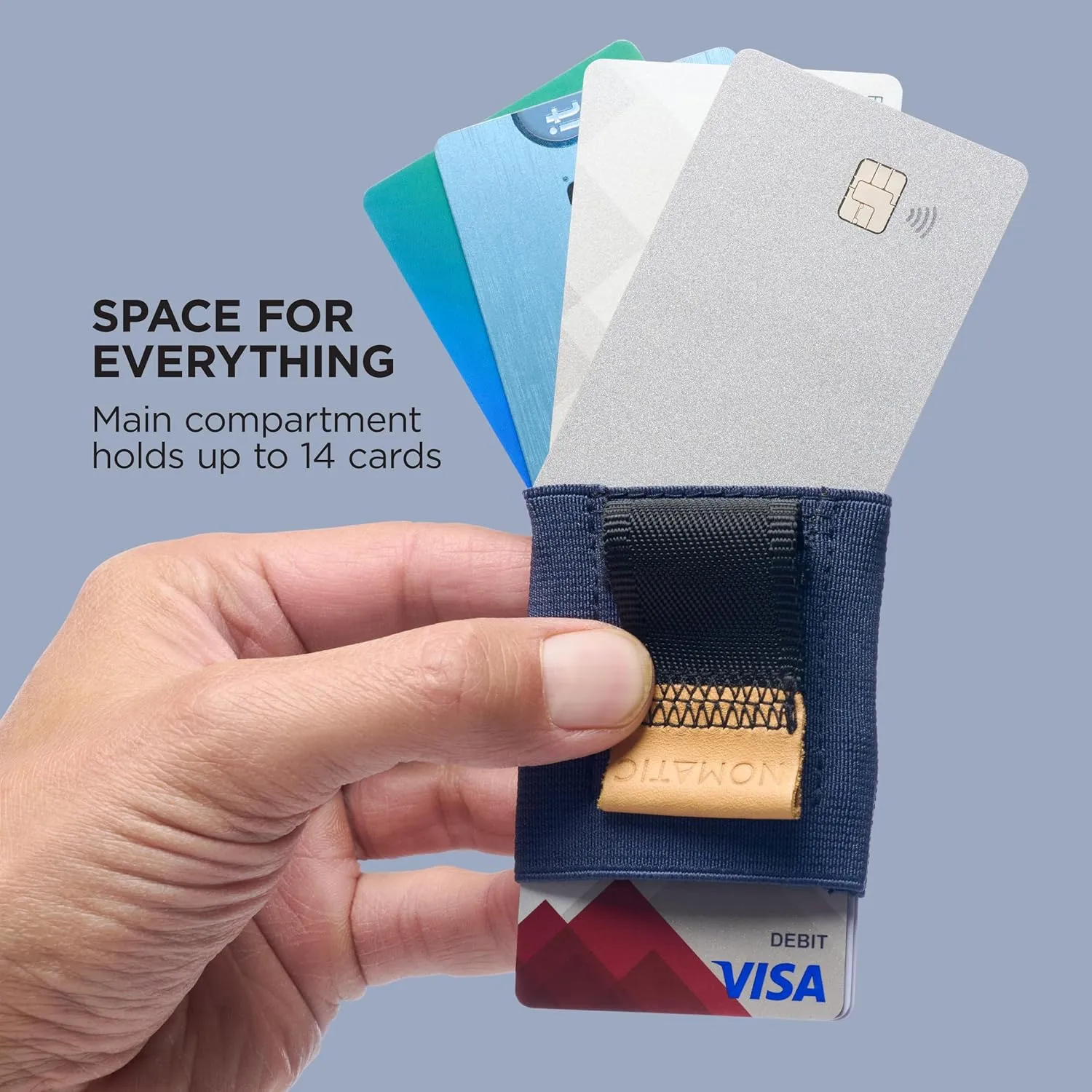 NOMATIC Minimalistic Wallet for Men and Women - Slim Wallet Fits In Front Pocket - Holds 4-15 Cards - Hidden Cash Holder and Key Holder Pocket (Blue)